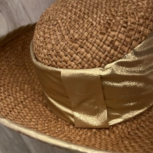 VINTAGE HAT 80s CACHÉ Straw Gold Metallic Shiny Lame Band+Rim Sun Beach Hiking - Picture 11 of 12